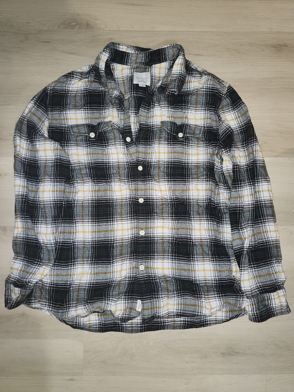American Eagle Outfitters Black White and Yellow Plaid Button-Down Shirt